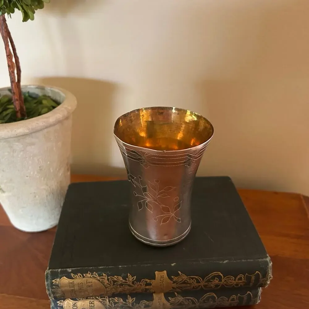 Vintage Two-Tone Etched Metal Tumbler Floral Leaf Engraved Flared Rim